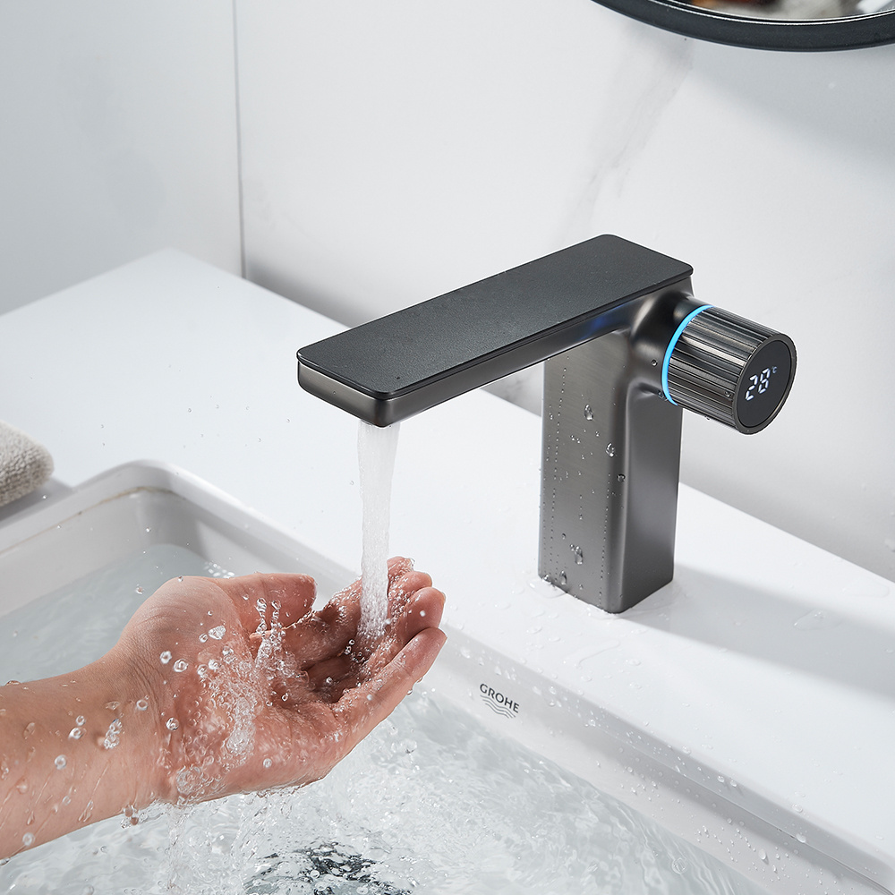 Momali new hot and cold hydro-electric power temperature display led light gun metal bathroom washbasin basin faucet