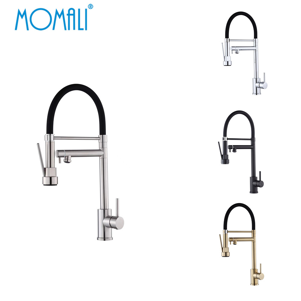 Momali gold chrome brushed black SUS 304 stainless steel silicon spout kitchen sink faucet with pull down sprayer