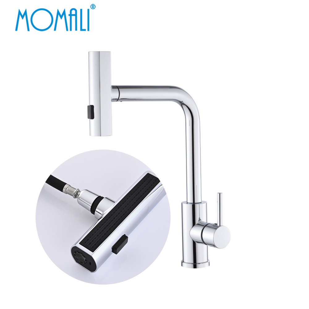 Momali cheap color black chrome gold 304 stainless steel commercial pull out pullout button kitchen faucet