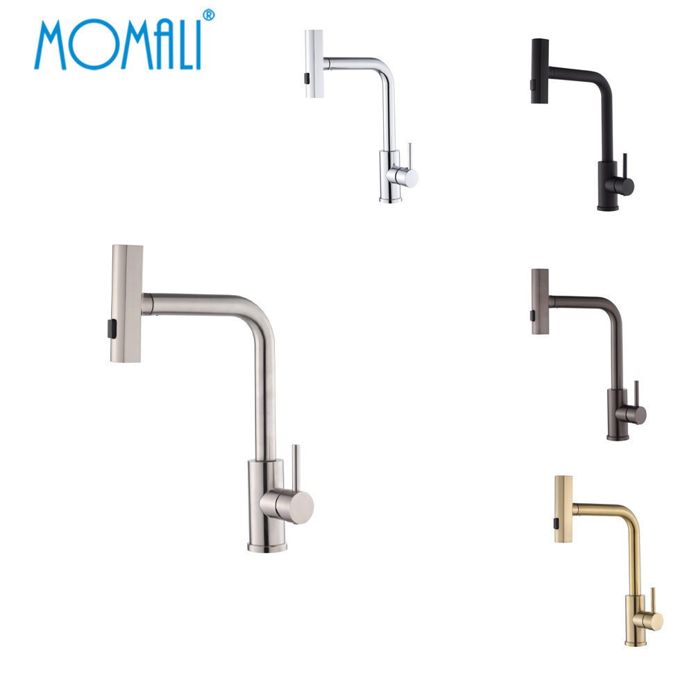 Momali cheap color black chrome gold 304 stainless steel commercial pull out pullout button kitchen faucet