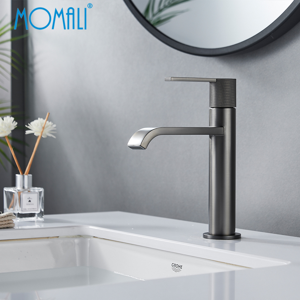 Momali factory wholesale price brass washbasin matte black metal gun gold knurling bathroom basin faucet