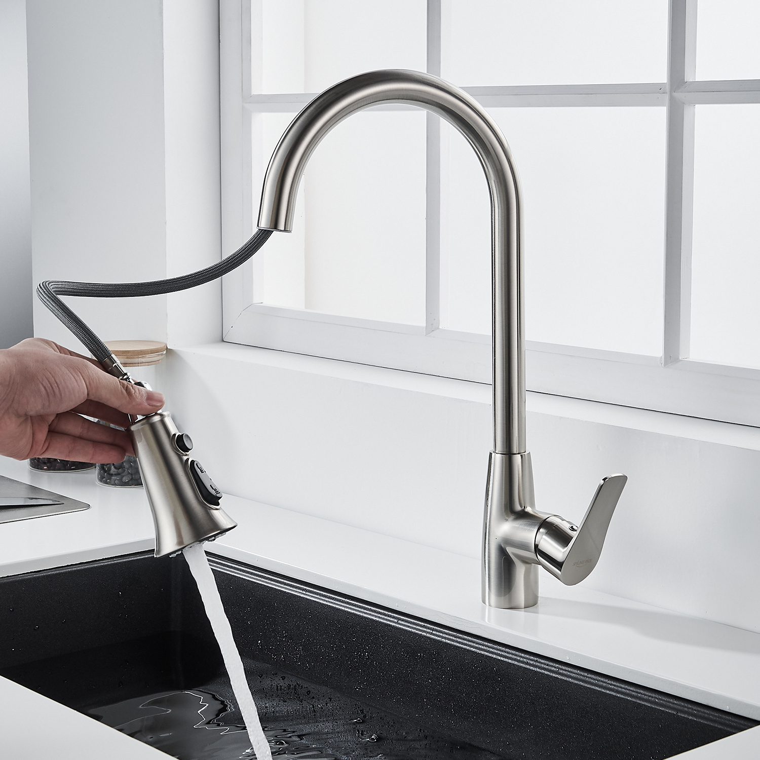 Momali Kitchen faucet pull out pull down chrome plated kitchen faucet mixer with flexible hose