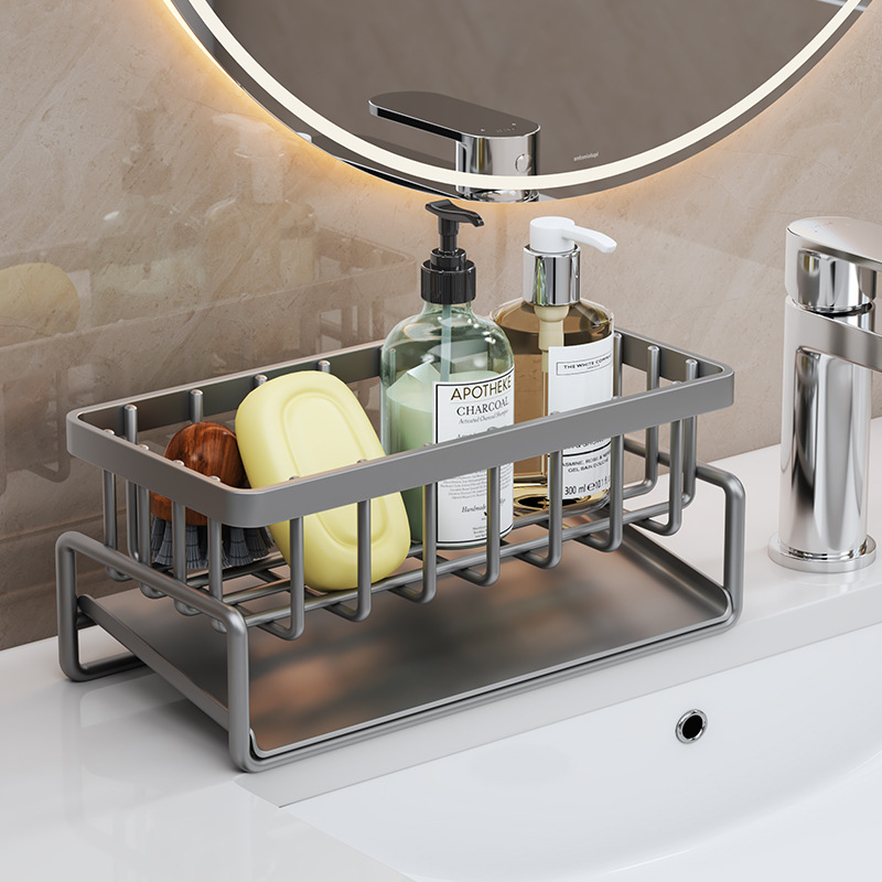 Kitchen & Bathroom Sponge Holder - Sink Caddy with Dishcloth Rack, Soap Dispenser & Brush Organizer for Space-Saving Storage