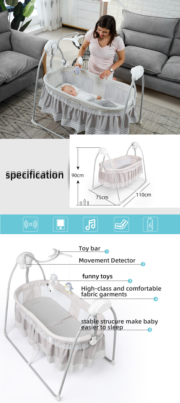 Factory Direct Sales New born Foldable Cot Bed Safety Baby Bassinet swing to sleep baby electric Swinging Baby Crib