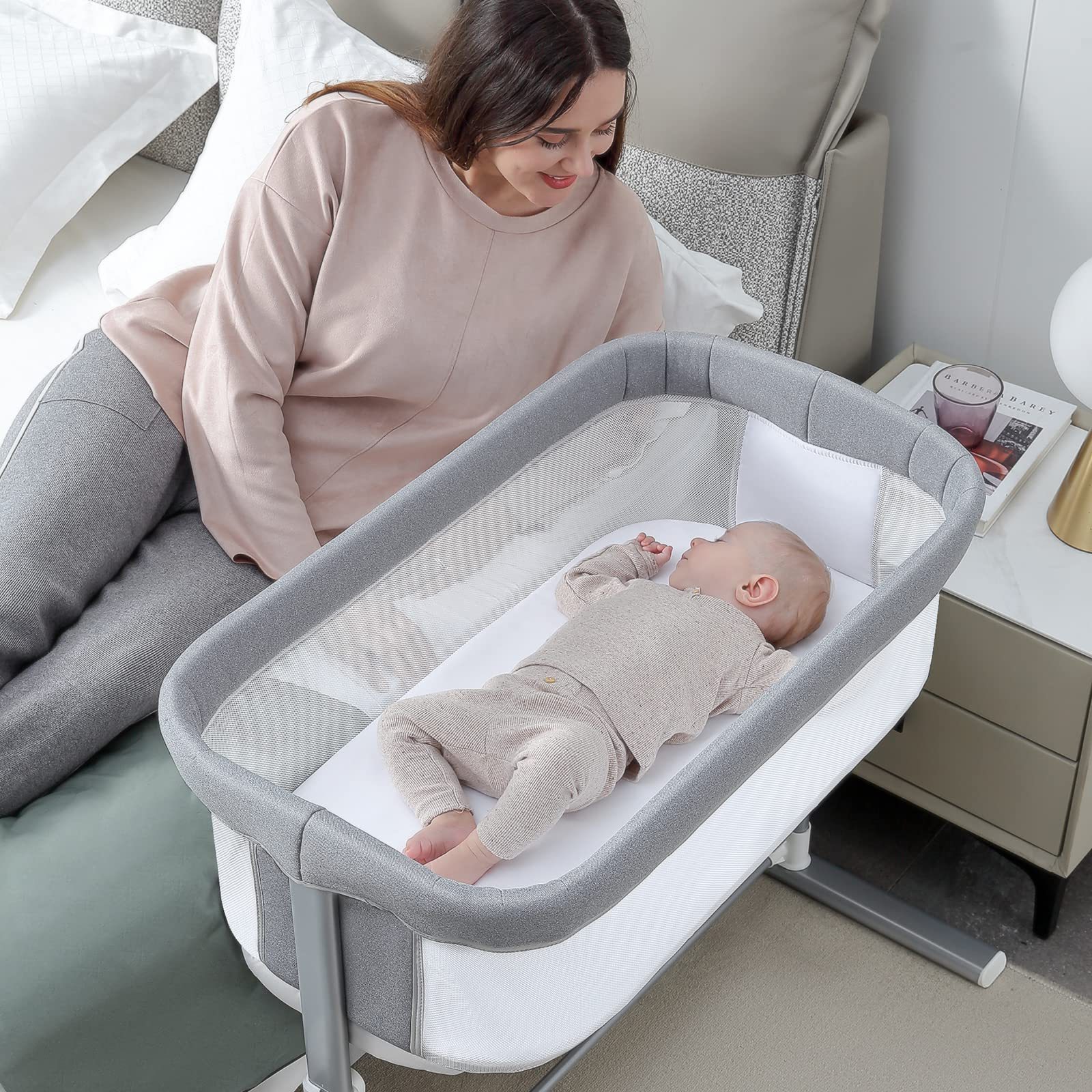 Newborn Bedside Sleeper Bassinet Bed 2-In-1 Portable Baby Cribs Folding Crib