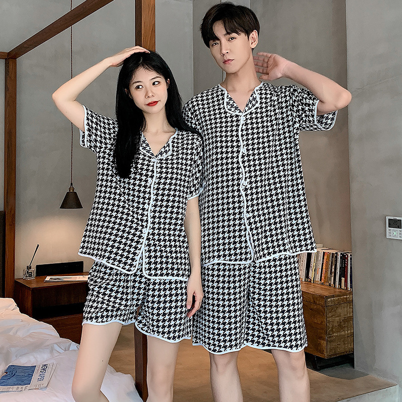 Wholesale Couple Ice Silk Short Sleeve Thin Pajamas Turn-down Collar Jacquard Loungewear