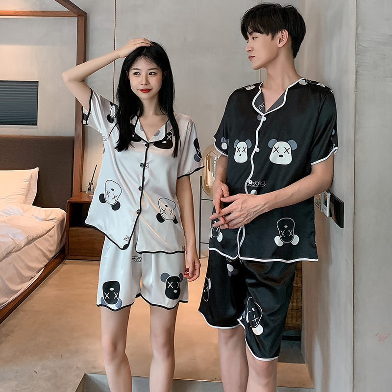 Wholesale Couple Ice Silk Short Sleeve Thin Pajamas Turn-down Collar Jacquard Loungewear