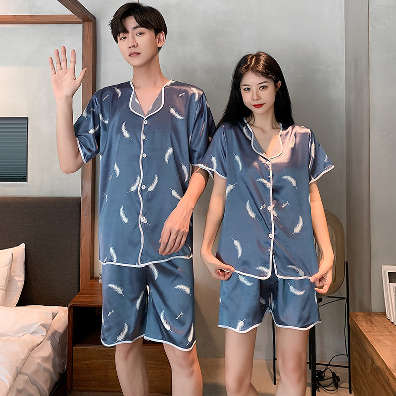 Wholesale Couple Ice Silk Short Sleeve Thin Pajamas Turn-down Collar Jacquard Loungewear