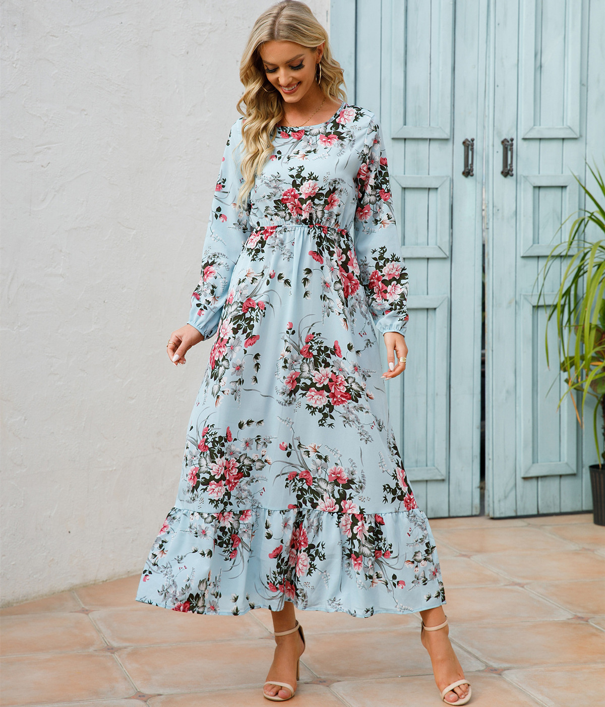 Wholesale Long Sleeve Women's Casual Dress Streetwear Floral Printed Elegant Maxi Dress For Woman