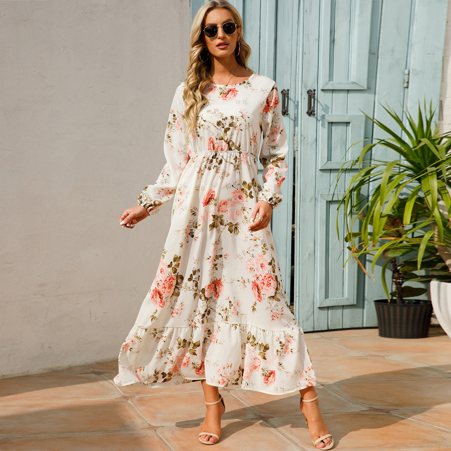 Wholesale Long Sleeve Women's Casual Dress Streetwear Floral Printed Elegant Maxi Dress For Woman