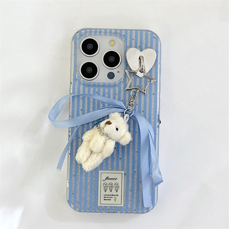 Yellow and blue striped teddy bear pendant for Apple 15 ProMax  double-layer iPhone 14 full package anti drop phone case