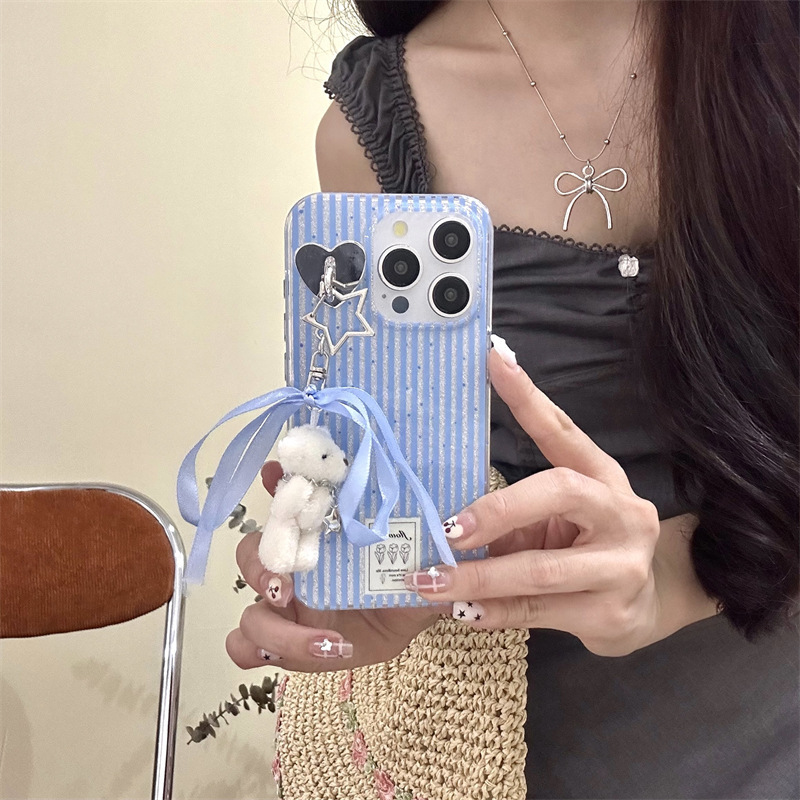 Yellow and blue striped teddy bear pendant for Apple 15 ProMax  double-layer iPhone 14 full package anti drop phone case