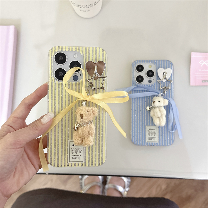 Yellow and blue striped teddy bear pendant for Apple 15 ProMax  double-layer iPhone 14 full package anti drop phone case