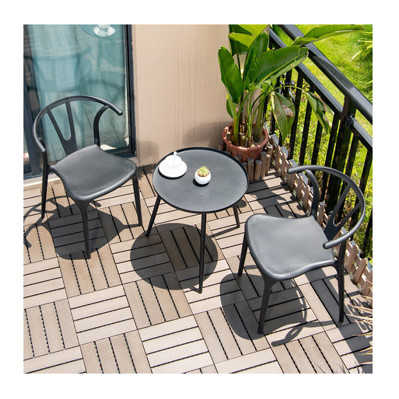 dainty patio 3pc set  furniture black metal round coffee table with 2pcs plastic chairs garden outdoor furniture set for cafe