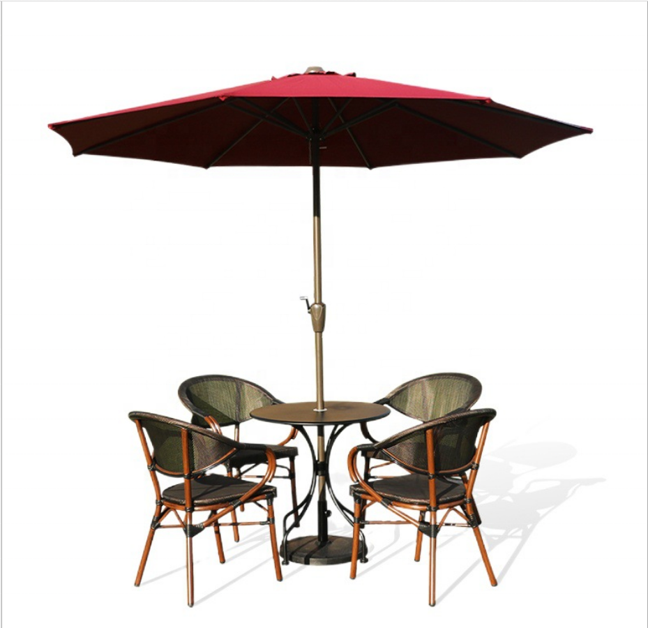 Wholesale Outdoor Furniture hotel restaurant cafe resorts Rattan Wicker Table stackable Chair with Umbrella garden set