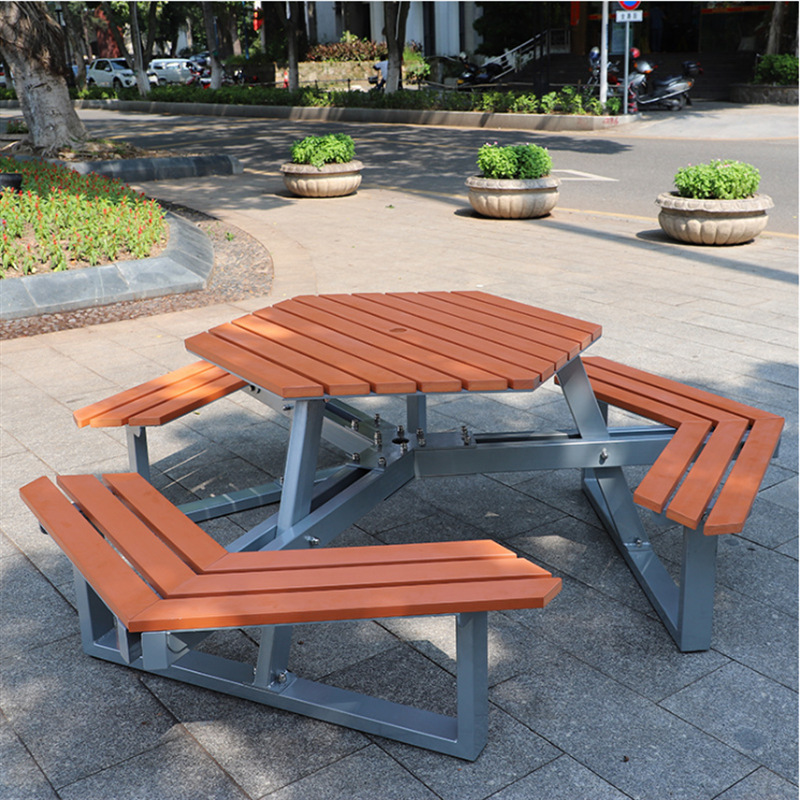 PE plastic Wood Park Cast Iron Picnic Bench conjoined anise table Nordic Patio Table Benches Set with umbrella hole