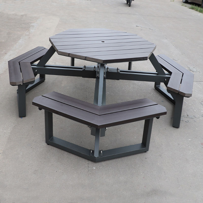 PE plastic Wood Park Cast Iron Picnic Bench conjoined anise table Nordic Patio Table Benches Set with umbrella hole