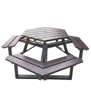 PE plastic Wood Park Cast Iron Picnic Bench conjoined anise table Nordic Patio Table Benches Set with umbrella hole