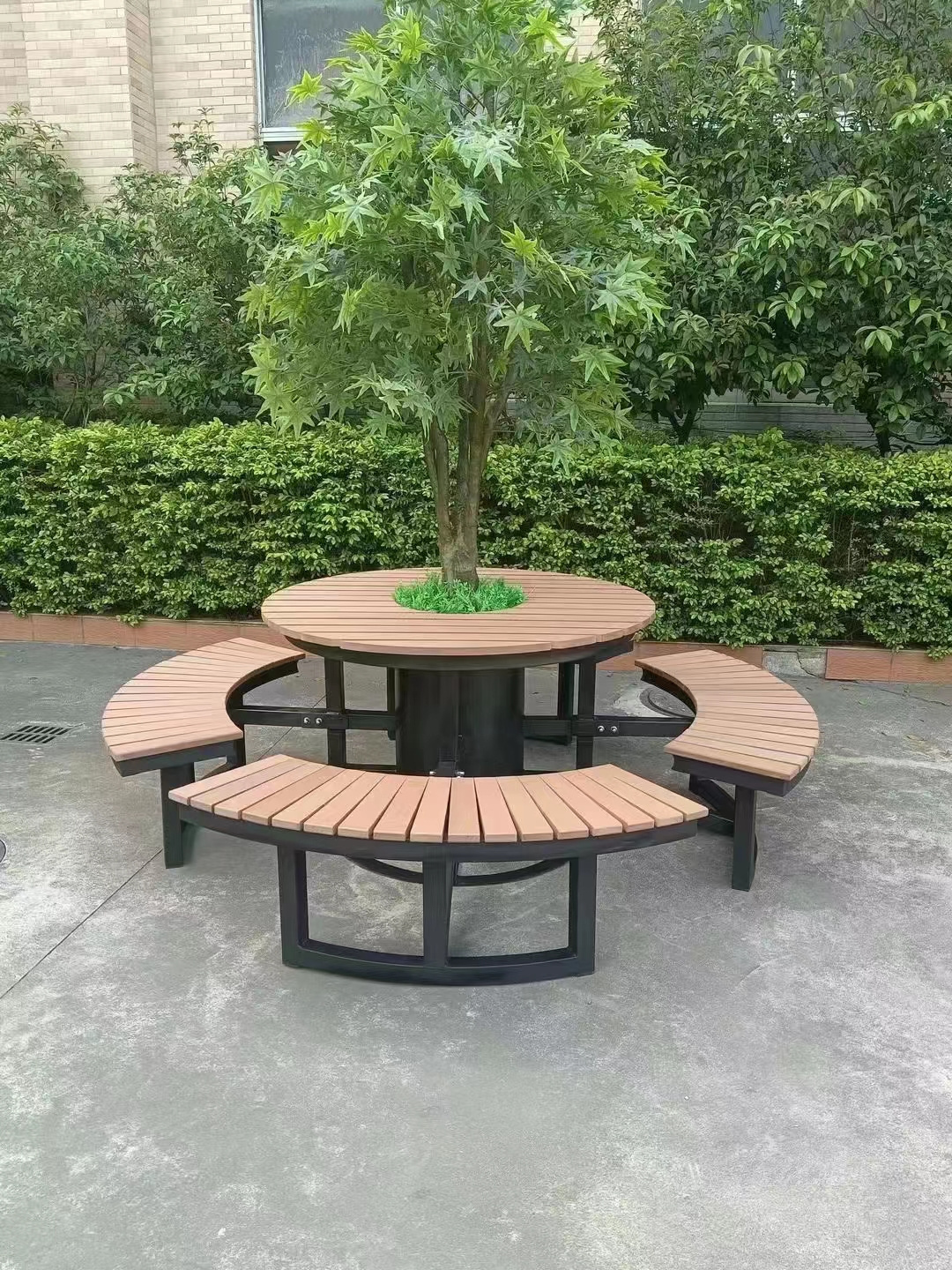 public plaza square outdoor patio 6 seats beer pong table with bench wood plastic composite hexagon picnic table set