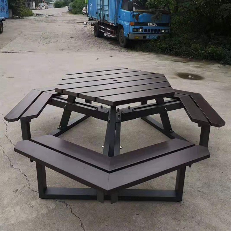 public plaza square outdoor patio 6 seats beer pong table with bench wood plastic composite hexagon picnic table set