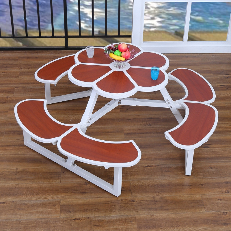 public plaza square outdoor patio 6 seats beer pong table with bench wood plastic composite hexagon picnic table set