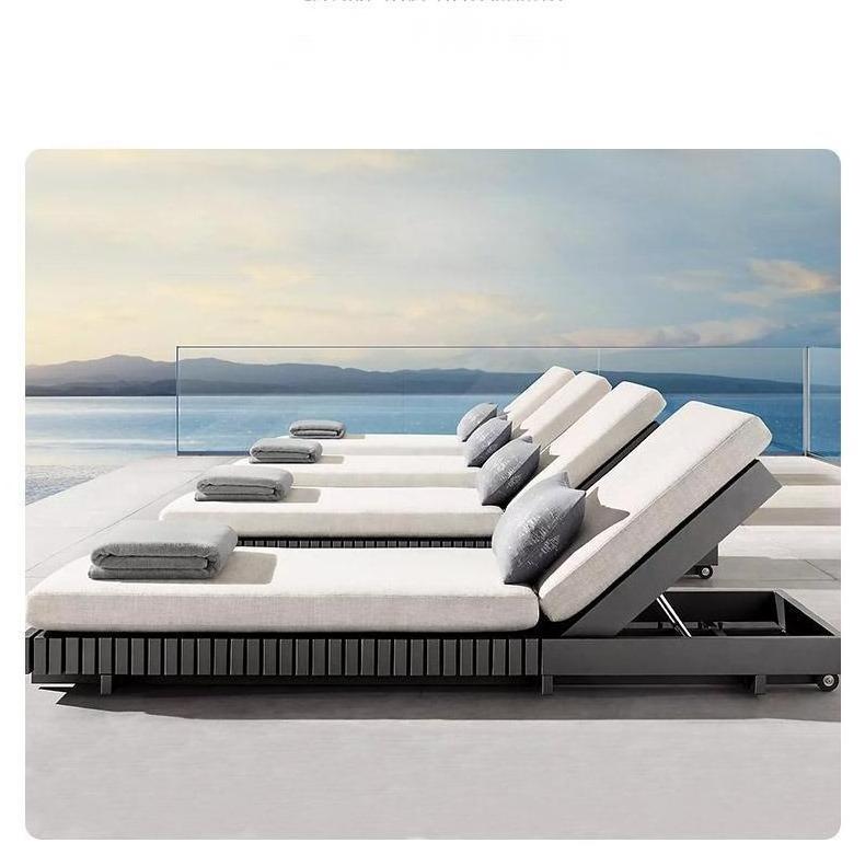 strong metal outdoor sun chaise lounge chairs for swimming pool sun bed with mattress cushion set for beach hotel