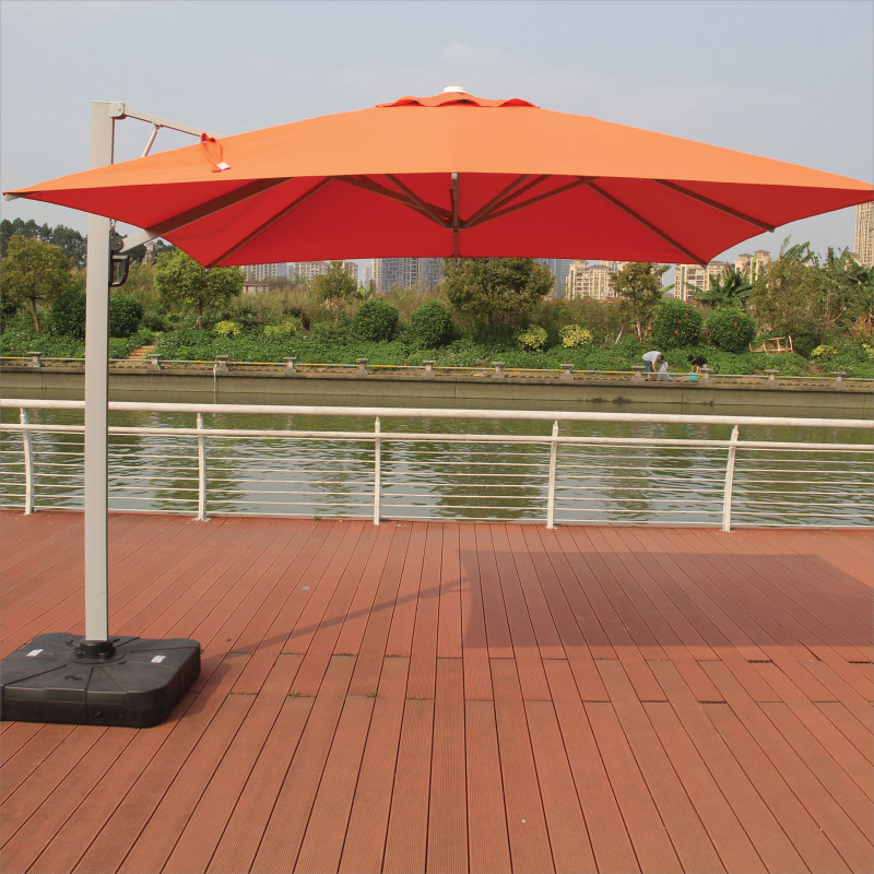 New Modern Design Solar Power Parasol Outdoor Sun Umbrella with Hydraulic Arm and Plastic Water Filled Base