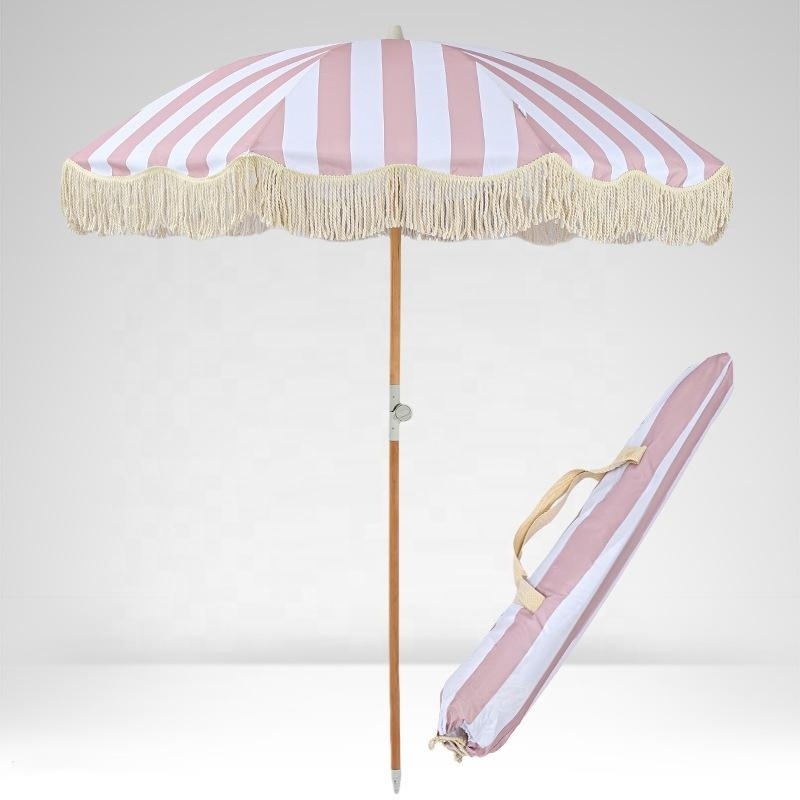 hot sale foldable beige blue pink stripe retro umbrella with tassels for beach hotel swimming pool parasol