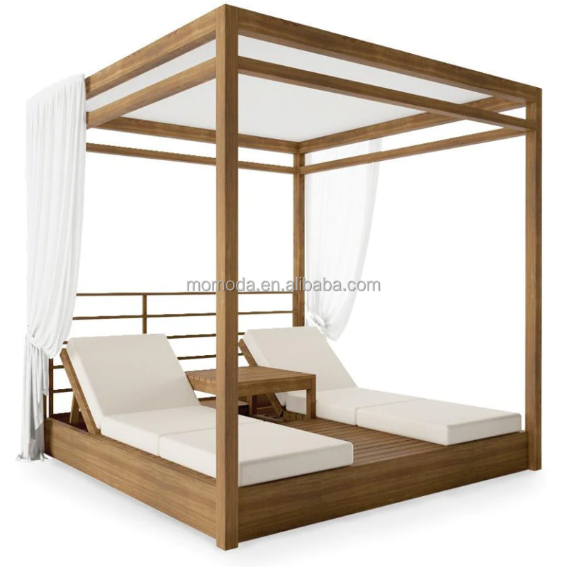 Luxury Modern Style Poolside square chaise Sunbed Canopy Outdoor Teak wood Daybed With Curtains cabana