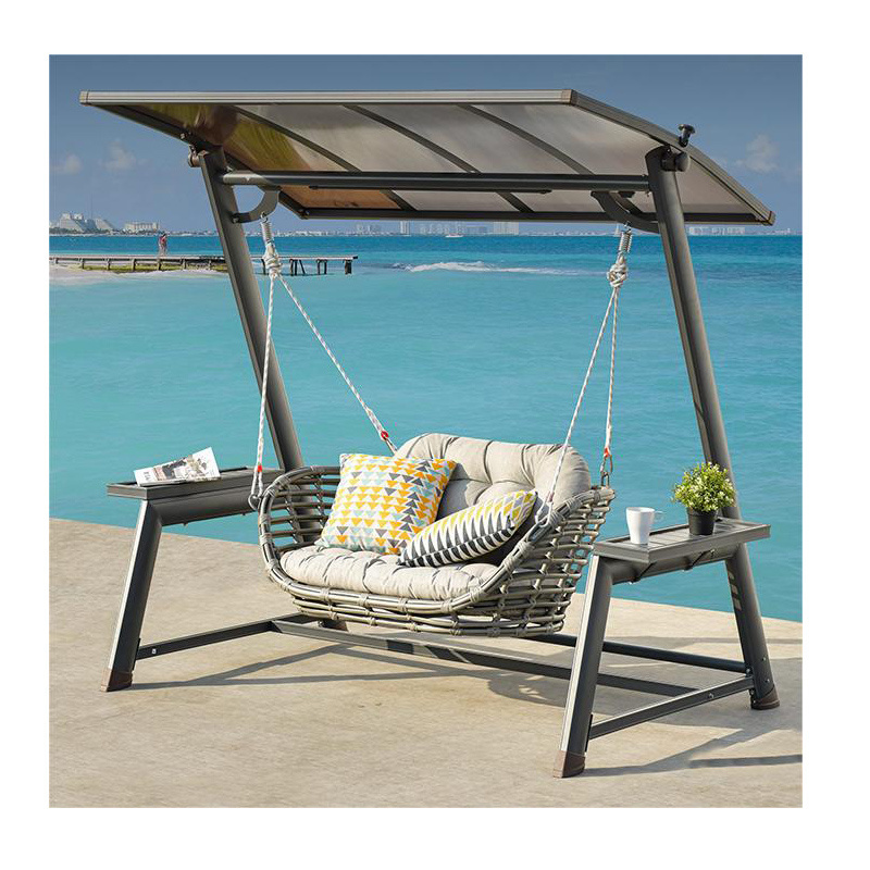 new design Outdoor standing Aluminum handmade frame LED canopy with small arm table hanging rattan basket love seat swing chair