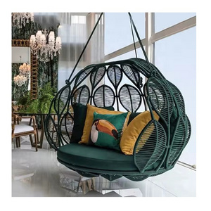 hot sale All Weather Garden Swing Chair Hanging Chair Rattan Outdoor patio leaf shape green rope furniture Swing egg Chair set