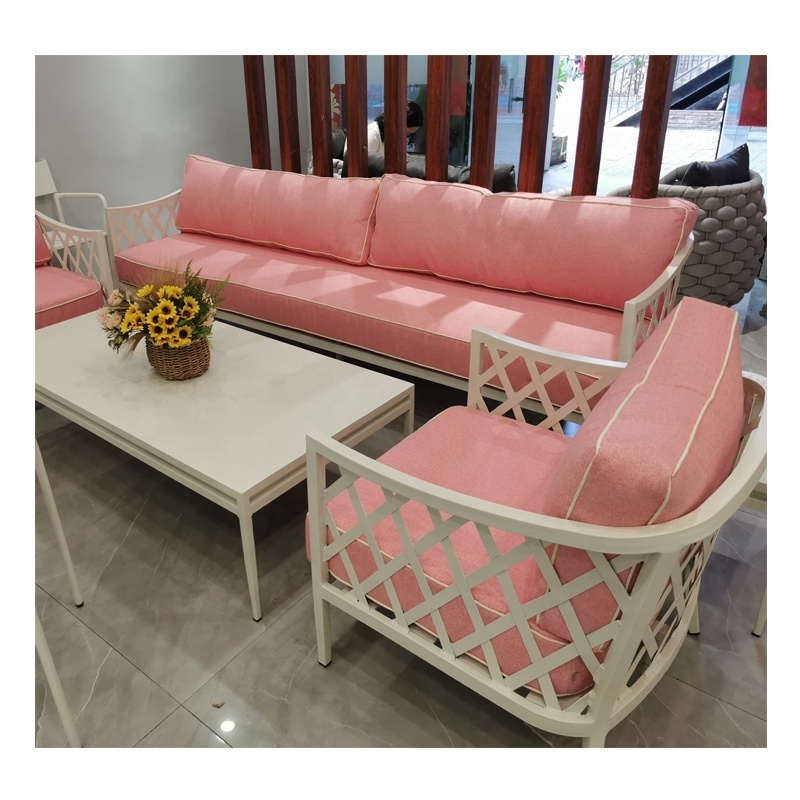 hot sale cast aluminum outdoor furniture off white beige powder coating  sofa set with pink waterproof cushions