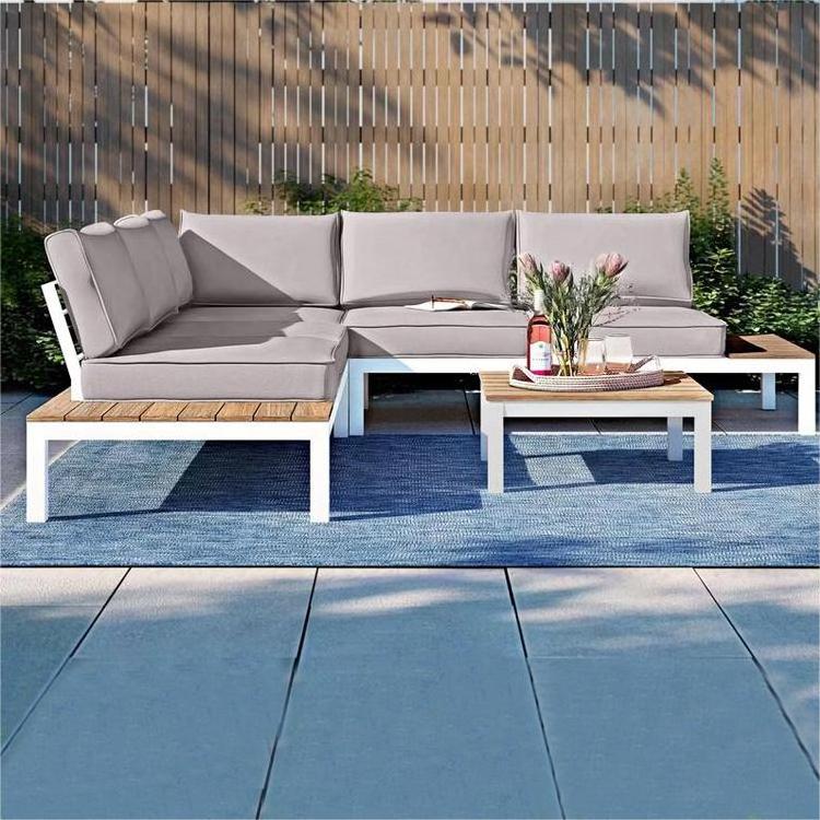 new arrival momoda outdoor furniture design wholesaler  L shape modular garden sofa set with arm teak coffee table