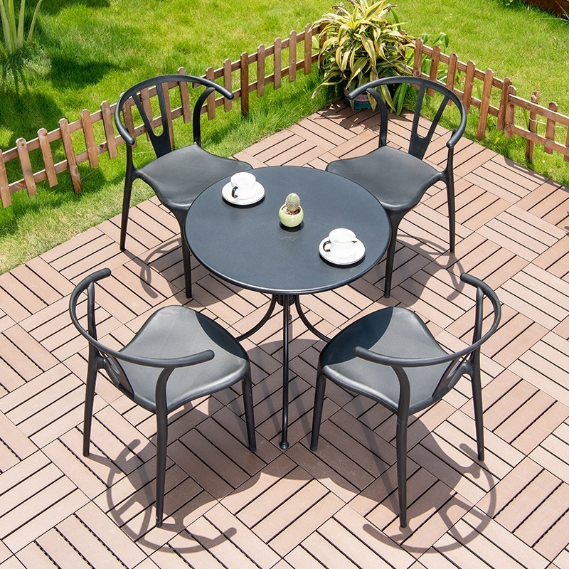 dainty patio 3pc set  furniture black metal round coffee table with 2pcs plastic chairs garden outdoor furniture set for cafe