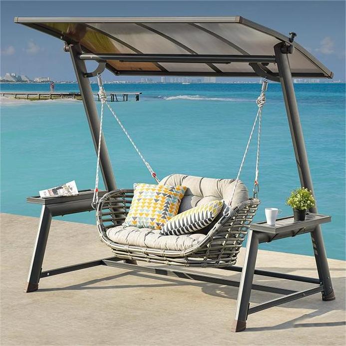 new design Outdoor standing Aluminum handmade frame LED canopy with small arm table hanging rattan basket love seat swing chair