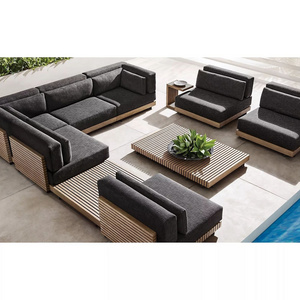 luxury modern outdoor furniture grey water proof fabric L shape corner modular garden sofas set with teak arm table