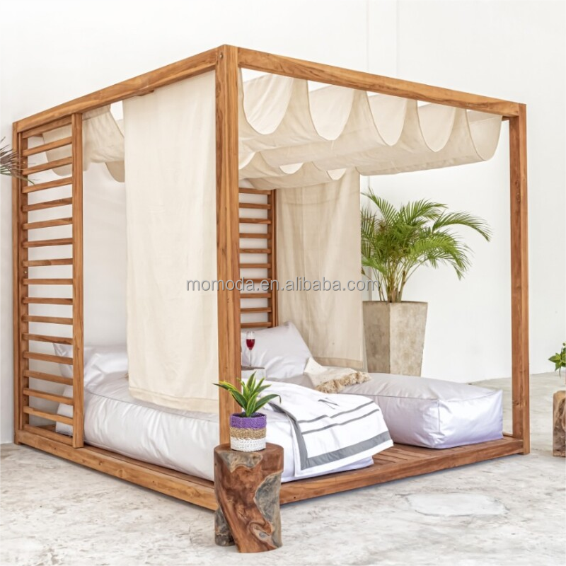 Luxury Modern Style Poolside square chaise Sunbed Canopy Outdoor Teak wood Daybed With Curtains cabana