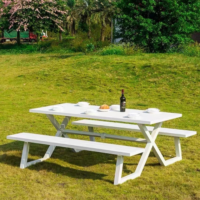 Outdoor Wood-plastic Composite top seating table garden furniture outside wooden outdoor picnic table and park bench