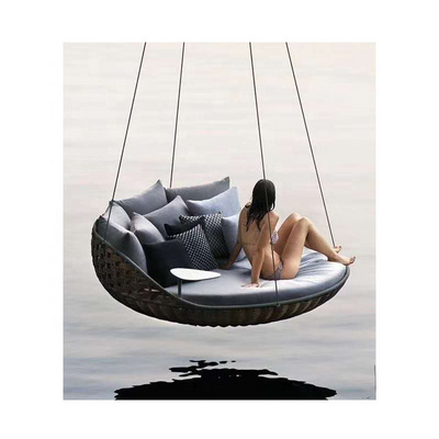 Outdoor PE Rattan Round Swing Bed Patio Hanging Swing daybed Wicker Furniture Porch Swing Bed