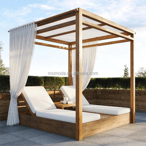 Luxury Modern Style Poolside square chaise Sunbed Canopy Outdoor Teak wood Daybed With Curtains cabana