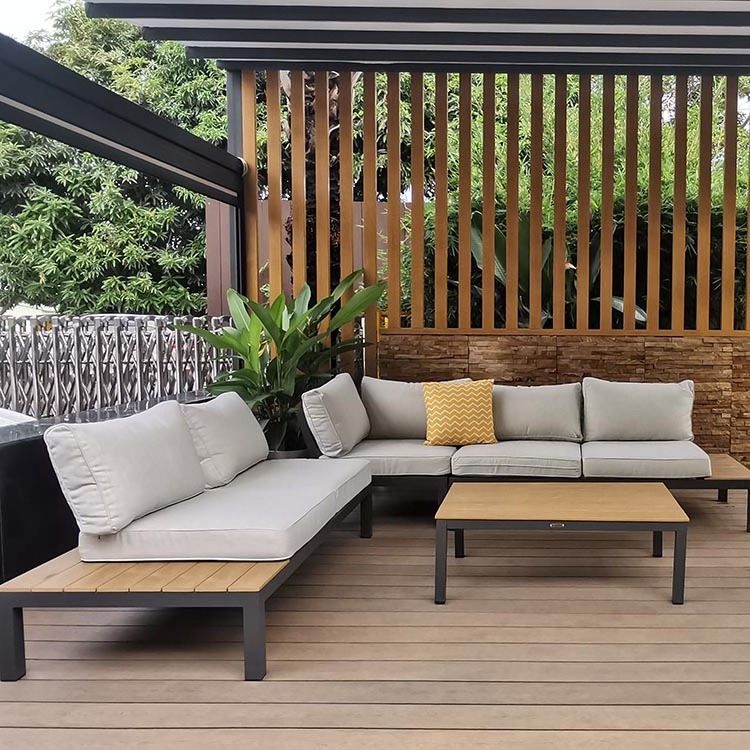 new arrival momoda outdoor furniture design wholesaler  L shape modular garden sofa set with arm teak coffee table