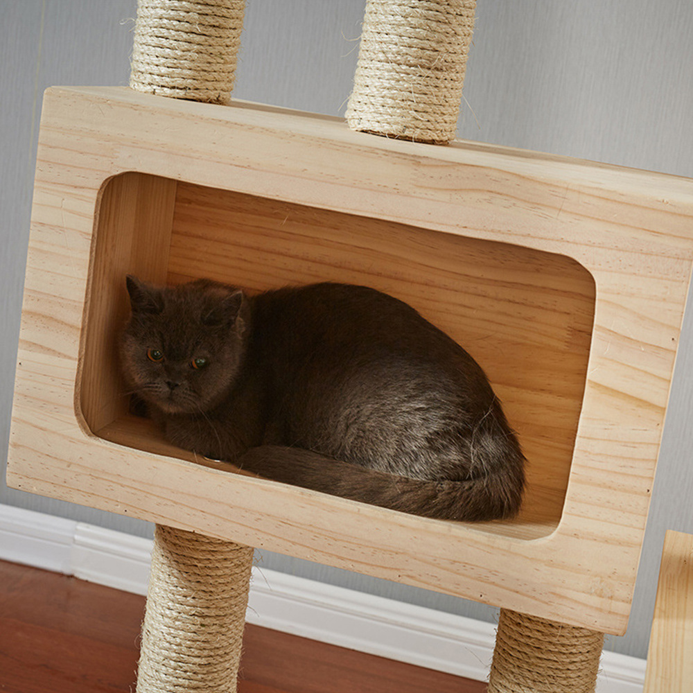 Wood Cat Condo with Scratching Post for Large Cats Climbing Cat Tower Tree House with Hammock for Kitten Play and Rest