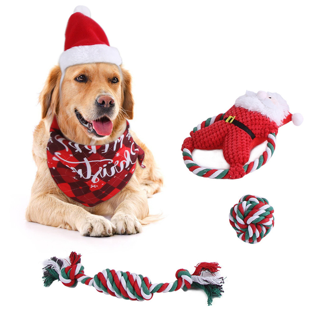 Christmas Hat Bandana 5 Pack Puppy Teething Cute Stuffed Plush Bundle Natural Cotton Rope Rope Dog Squeaky Toys For Small Dogs