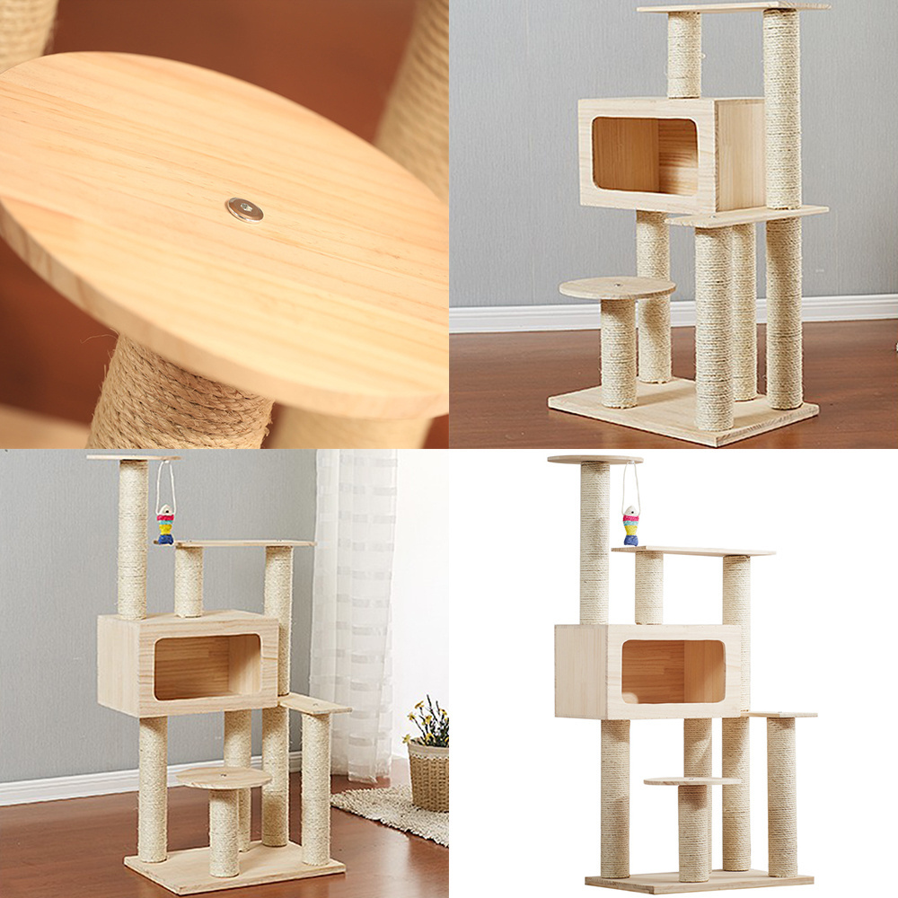 Wood Cat Condo with Scratching Post for Large Cats Climbing Cat Tower Tree House with Hammock for Kitten Play and Rest