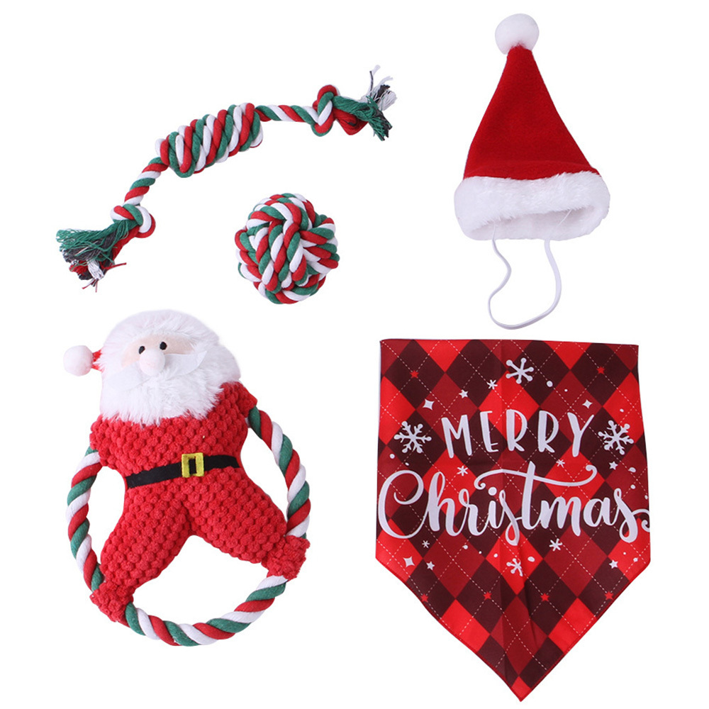 Christmas Hat Bandana 5 Pack Puppy Teething Cute Stuffed Plush Bundle Natural Cotton Rope Rope Dog Squeaky Toys For Small Dogs