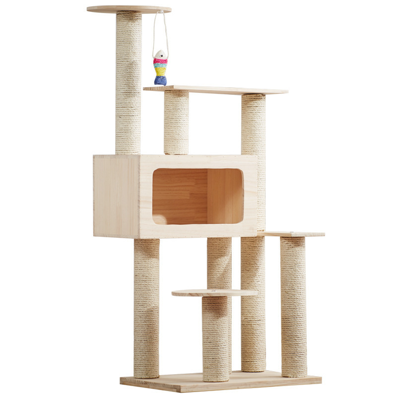 Wood Cat Condo with Scratching Post for Large Cats Climbing Cat Tower Tree House with Hammock for Kitten Play and Rest