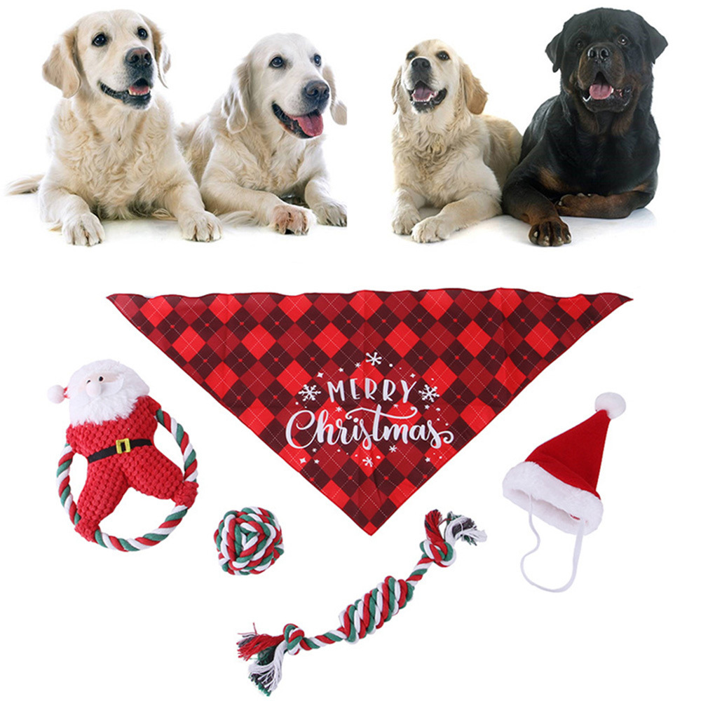 Christmas Hat Bandana 5 Pack Puppy Teething Cute Stuffed Plush Bundle Natural Cotton Rope Rope Dog Squeaky Toys For Small Dogs