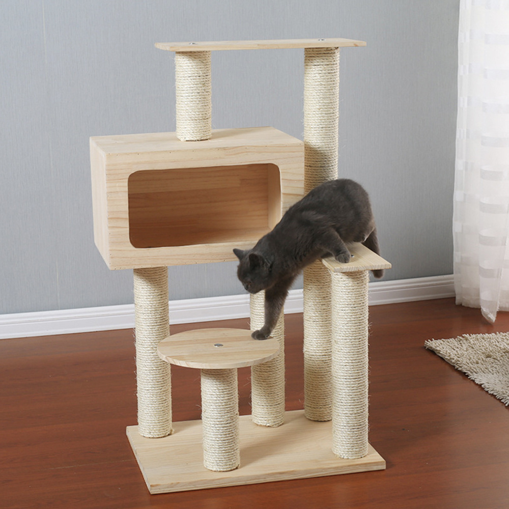 Wood Cat Condo with Scratching Post for Large Cats Climbing Cat Tower Tree House with Hammock for Kitten Play and Rest