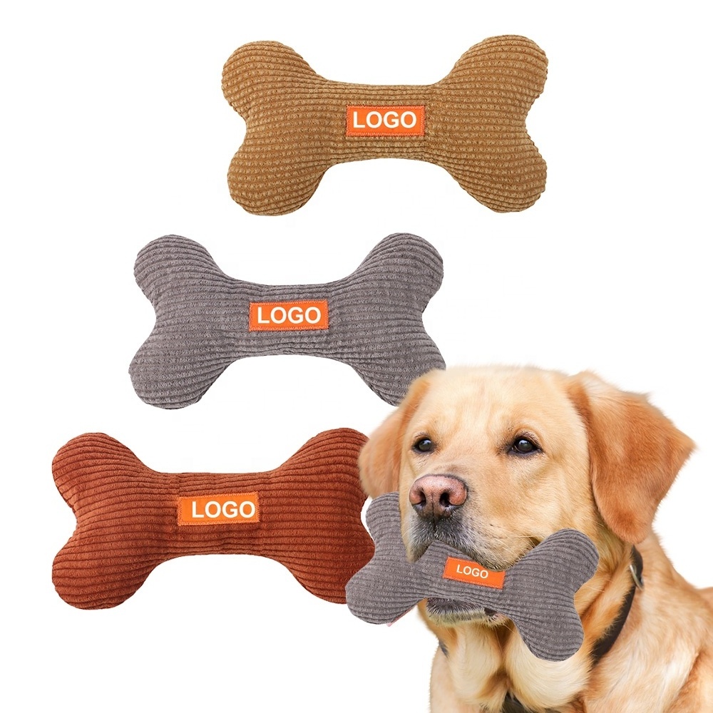 Corduroy bone bite resistant dog toy with squeaker cheap custom logo design 2022 dog toys wholesale