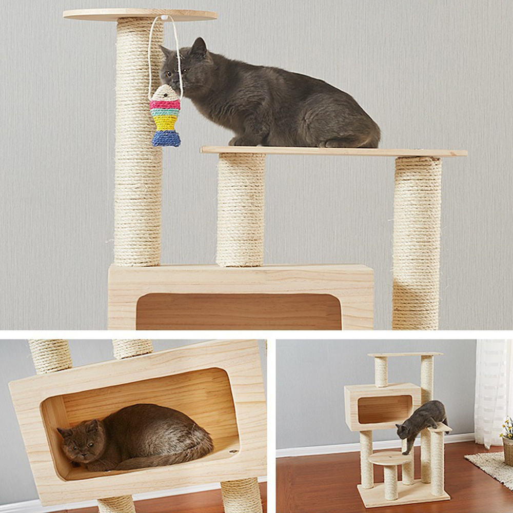 Wood Cat Condo with Scratching Post for Large Cats Climbing Cat Tower Tree House with Hammock for Kitten Play and Rest